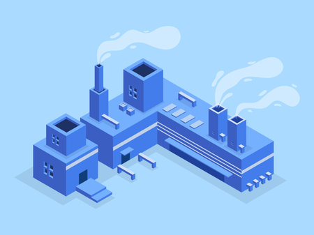 Isometric industrial building with smoke on blue background. Vector illustration.のイラスト素材