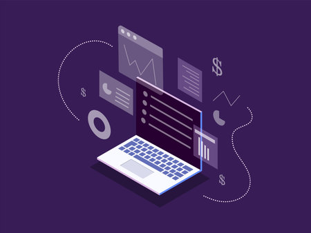 Laptop with web analytics information on purple background, isometric vector illustrationのイラスト素材