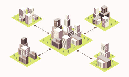 Isometric city set with buildings and roads. Vector illustration in flat styleのイラスト素材