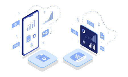 Isometric flat design concept of mobile banking, online payment, e-commerce, financial transaction.のイラスト素材