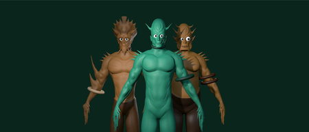 3D illustration of a group of alien with a sword and a shield