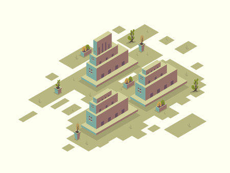 Isometric city with buildings and plants. Vector illustration in flat styleのイラスト素材