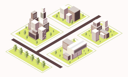 Isometric city with buildings, streets and parks. Vector illustration.のイラスト素材