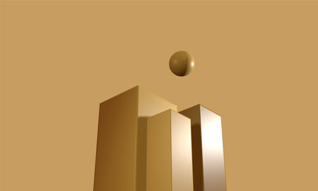3D rendering of a golden skyscraper with a sphere in the middleの写真素材