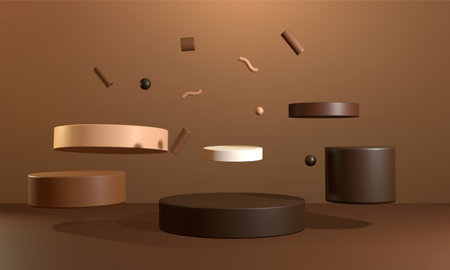 3d rendering of brown and black round podiums with falling geometric shapes on brown backgroundの写真素材