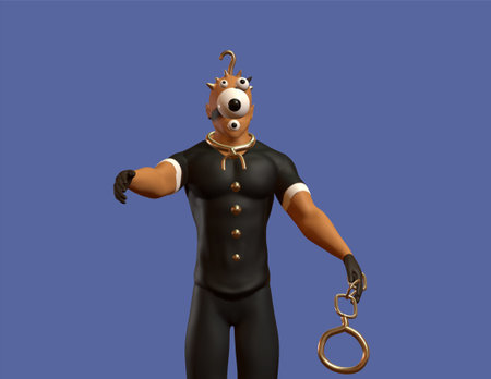 3d rendering of a man with handcuffs on a blue background.の写真素材