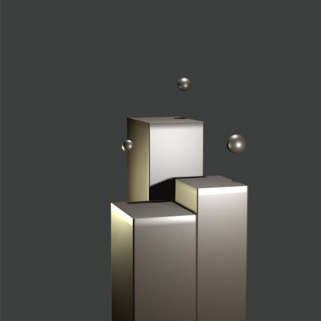 3d metallic pedestal with black and gold spheres on gray backgroundの写真素材