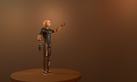 3d render of cartoon character standing on podium with empty space.の写真素材