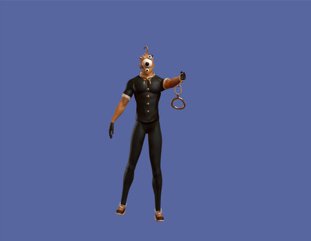 3D rendering of an alien with handcuffs isolated on blue backgroundの写真素材
