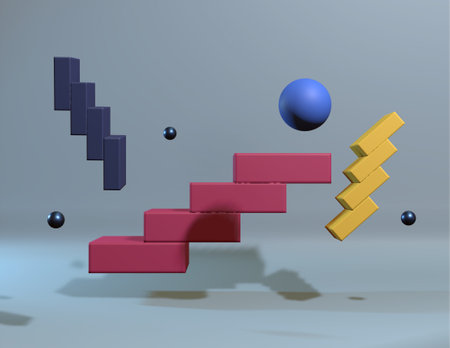 3d rendering of a set of stairs in different colors with geometric shapesの写真素材