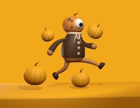 Halloween pumpkin character running with pumpkins on orange background. Vector illustration.の写真素材