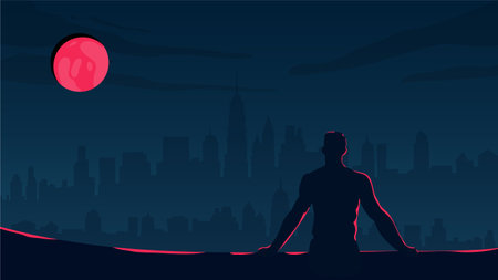 Man practicing yoga in the city at night. Vector illustration in flat styleのイラスト素材
