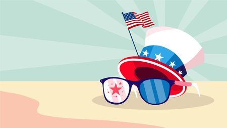 Usa hat with sunglasses on the beach. Vector illustration in flat styleのイラスト素材
