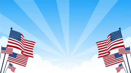American flag on blue sky background with sun rays. Vector illustration.のイラスト素材