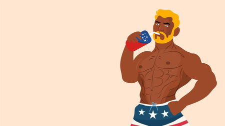 Muscular man with a cup of coffee. Vector illustration in cartoon style.のイラスト素材