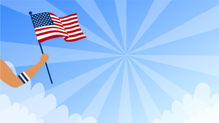 American flag in hand on blue sunburst background. Vector illustration.のイラスト素材