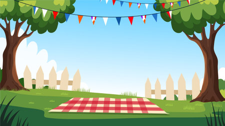 Picnic in the park. Checkered tablecloth, plaid and fence. Vector illustrationのイラスト素材