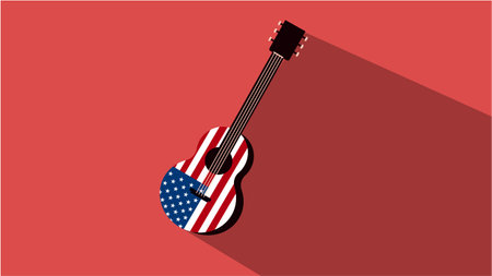 Acoustic guitar with American flag on a red background. Vector illustrationのイラスト素材