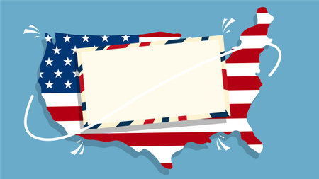 Illustration of an envelope with a stamp on the background of the USA flagのイラスト素材