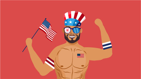 Vector illustration of a happy american man with USA flag on his chestのイラスト素材
