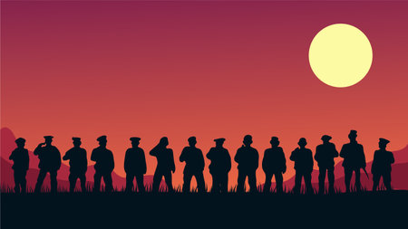 Group of people at sunset vector illustration. People silhouettes at sunset.のイラスト素材