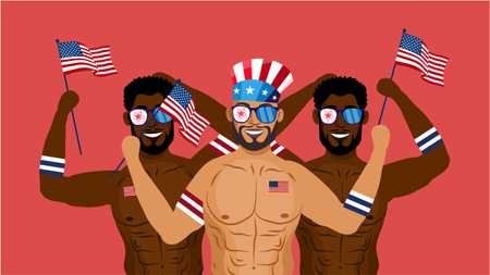 American football players with american flags. Vector illustration in cartoon style.のイラスト素材