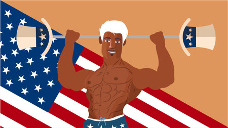 American strong bodybuilder with an ax in his hand. Vector illustrationのイラスト素材