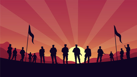 Silhouettes of people with flags at sunset. Vector illustration.のイラスト素材