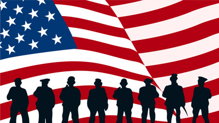 American Flag and Silhouettes of soldiers. Vector Illustration.のイラスト素材