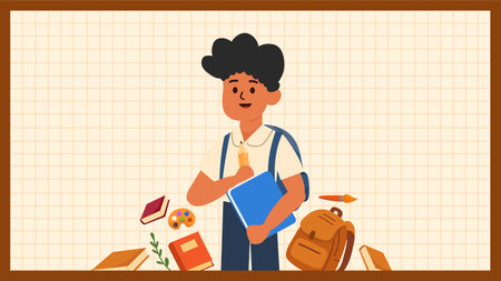Cute back to school boy reading book with school supplies backpack and grid pattern background for kids designのイラスト素材