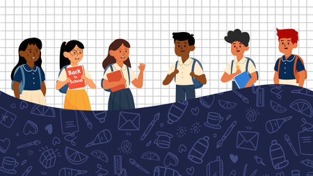 Cute back to school vector with group of kids standing on grid pattern and navy blue doodle backgroundのイラスト素材