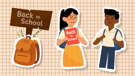Cute back to school vector with boy and girl standing with backpack sign and grid backgroundのイラスト素材