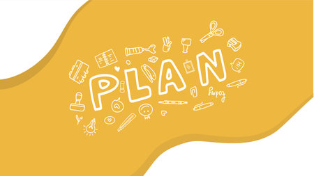 Creative school plan doodle art banner with yellow abstract splash background and study elements illustrationのイラスト素材