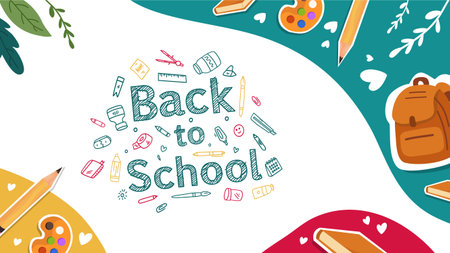 Creative back to school doodle vector with colorful corner art supplies and kids study theme on whiteのイラスト素材