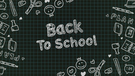 Creative back to school blackboard vector with white chalk doodle plan elements and green grid patternのイラスト素材