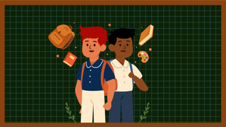 Cute back to school vector with two boys standing on green chalkboard background and school suppliesのイラスト素材