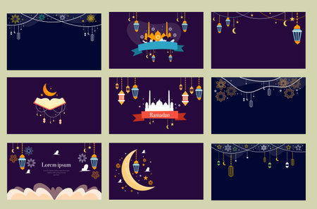 Collection of decorative Ramadan vector designs featuring lanterns crescent moons mosques and festive ornamentsのイラスト素材
