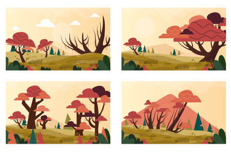 Autumn landscape background set with warm orange trees forest and falling leaves vector designのイラスト素材