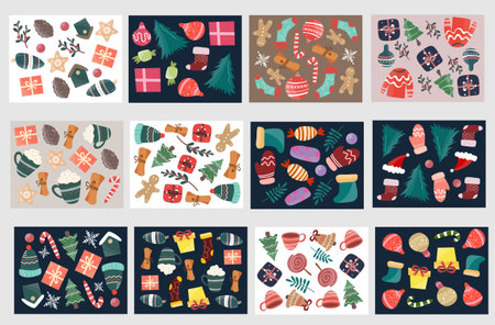 Christmas elements vector set with gifts mittens candy and holiday decorations in flat styleのイラスト素材