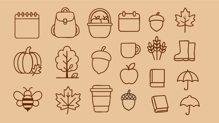 Autumn outline icon set with leaves pumpkins umbrella coffeeのイラスト素材