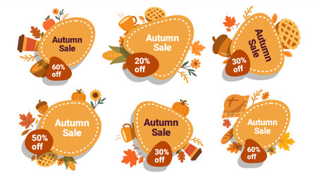 Autumn sale label set with discount tags leaves foodのイラスト素材