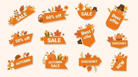 Autumn sale sticker set with discount banners leaves designのイラスト素材