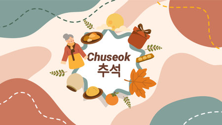 Chuseok poster with hanbok food autumn leaves and celebrationのイラスト素材