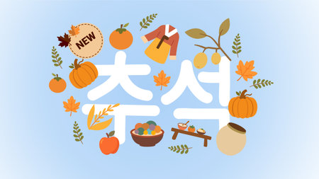 Bright Chuseok design with pumpkins fruits jars and harvest