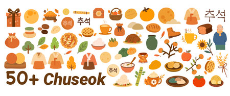 Collection of more than fifty Chuseok vector icons and symbols
