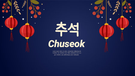 Chuseok festival banner with korean text lanterns and dark sky