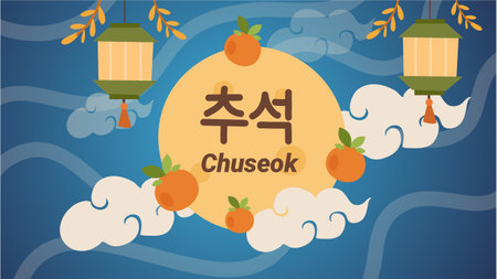 Chuseok holiday background with moon lanterns clouds and persimmons
