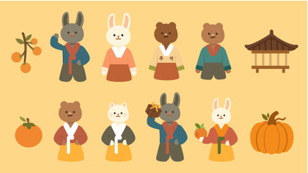 Cute animals in hanbok celebrating chuseok autumn harvest festival