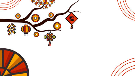 Decorative chinese new year frame with lanterns flowers fan branchのイラスト素材