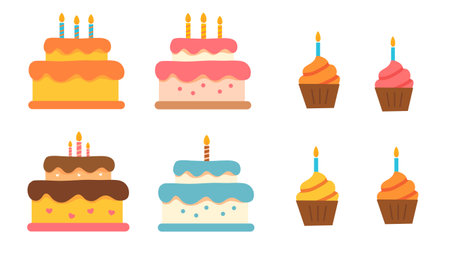 Assorted cakes and cupcakes with candles colorful sweet style